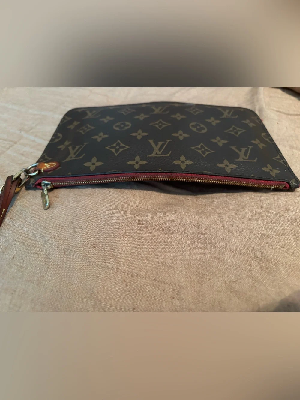 Louis Vuitton Classic Monogram Neverfull Pouch Wristlet - Cerise (Cherry Red)